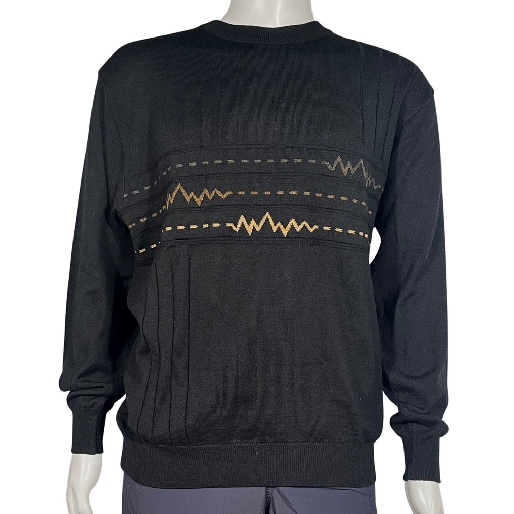 L Tagio Mens Merino Wool Blend Sweater Black Made in Italy Pull Over Preppy